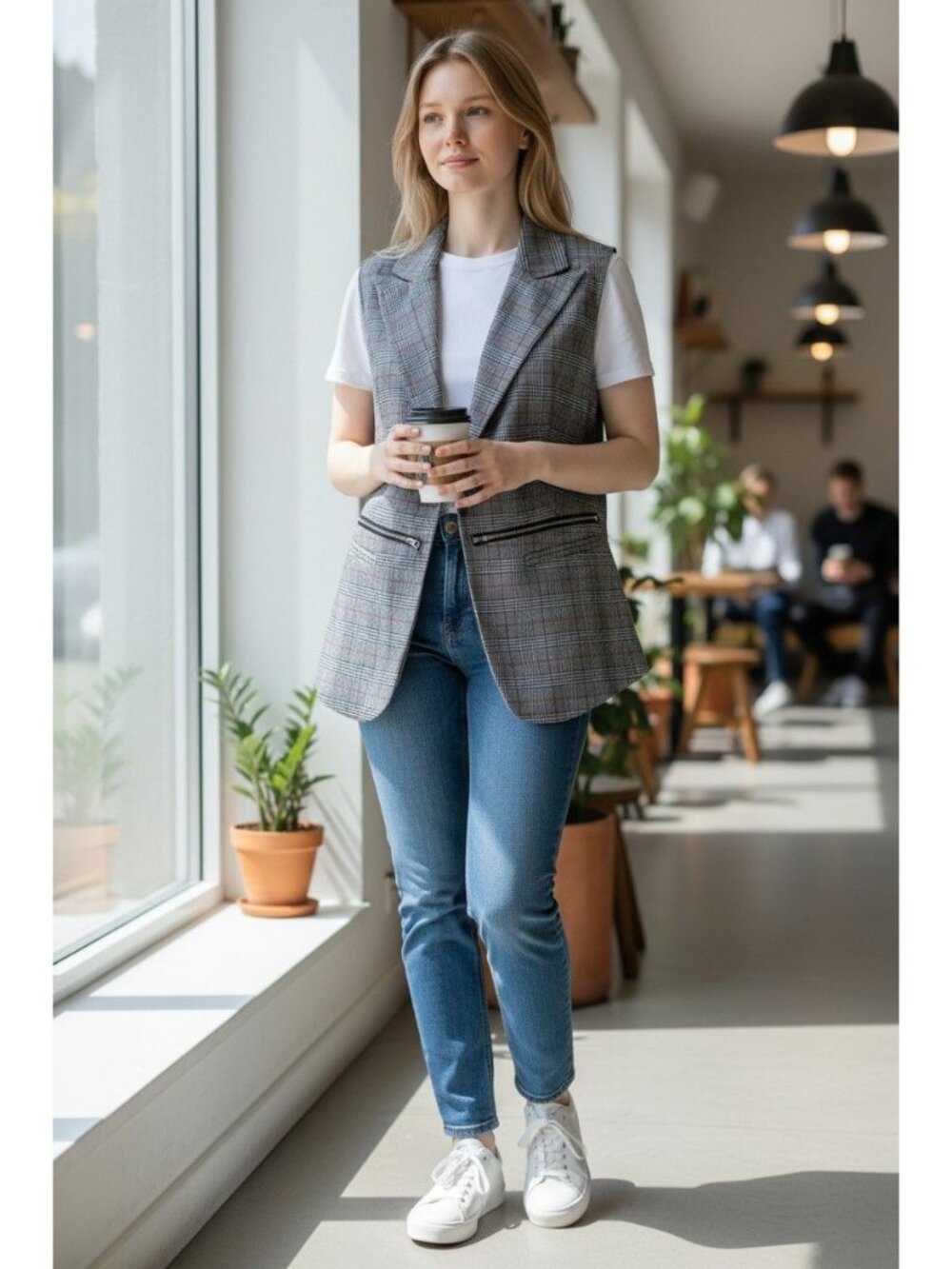 INA [i:na] Women's Plaid Sleeveless Blazer Vest With Zipper Accent Size L